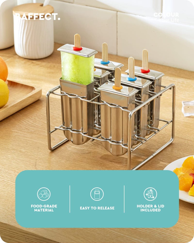 Baffect Metal Popsicle Moulds, Set of 6 Round Head Stainless Steel Ice Lolly Molds with Holder, Fast Freezing Ice Cream Makers with Lollipop Sticks and Bags - Image 2